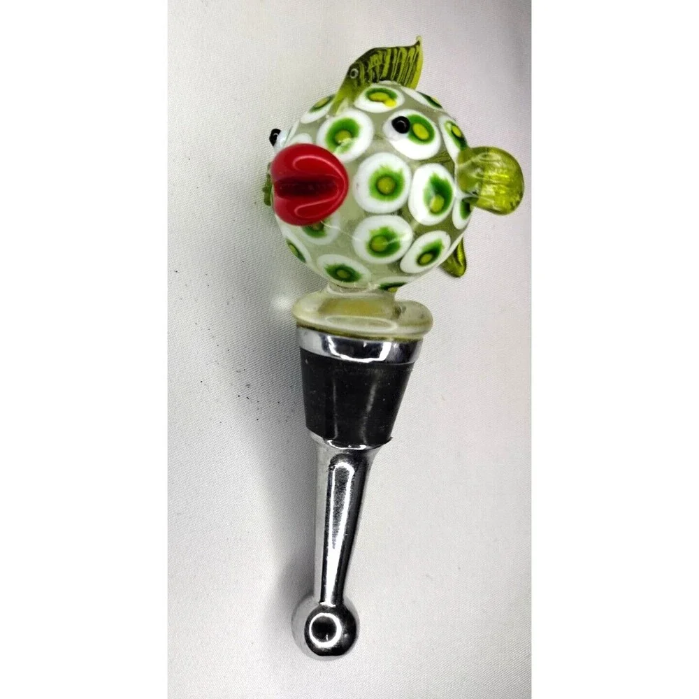 Art Glass Green Handblown Glass Blowfish Twos Company Bottle Stopper